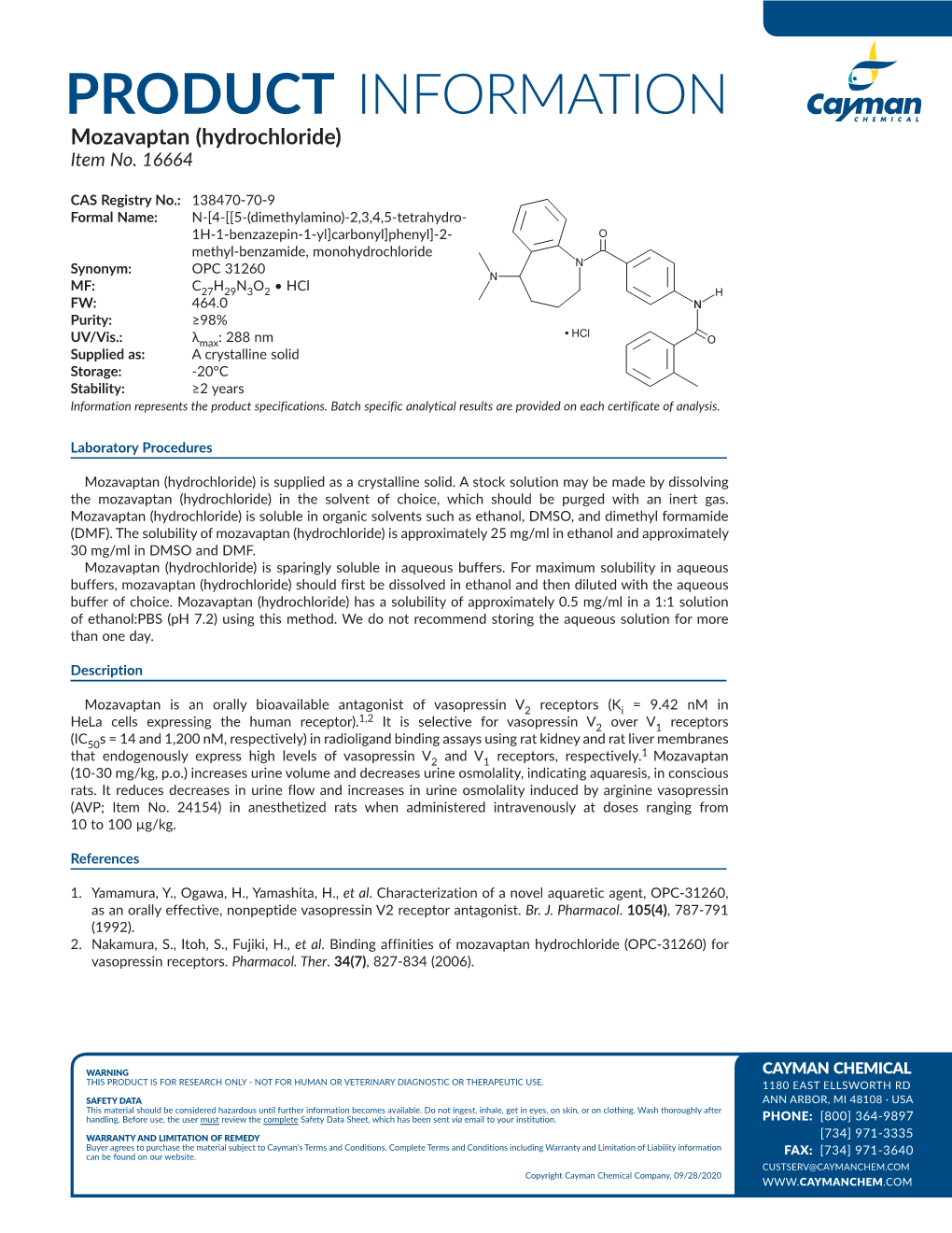 PRODUCT INFORMATION Mozavaptan (Hydrochloride) Item No