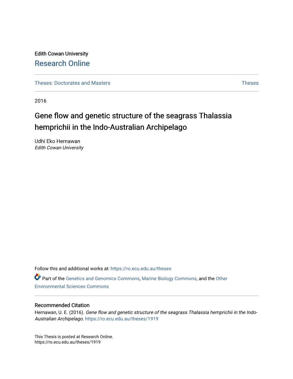 Gene Flow and Genetic Structure of the Seagrass Thalassia Hemprichii in the Indo-Australian Archipelago