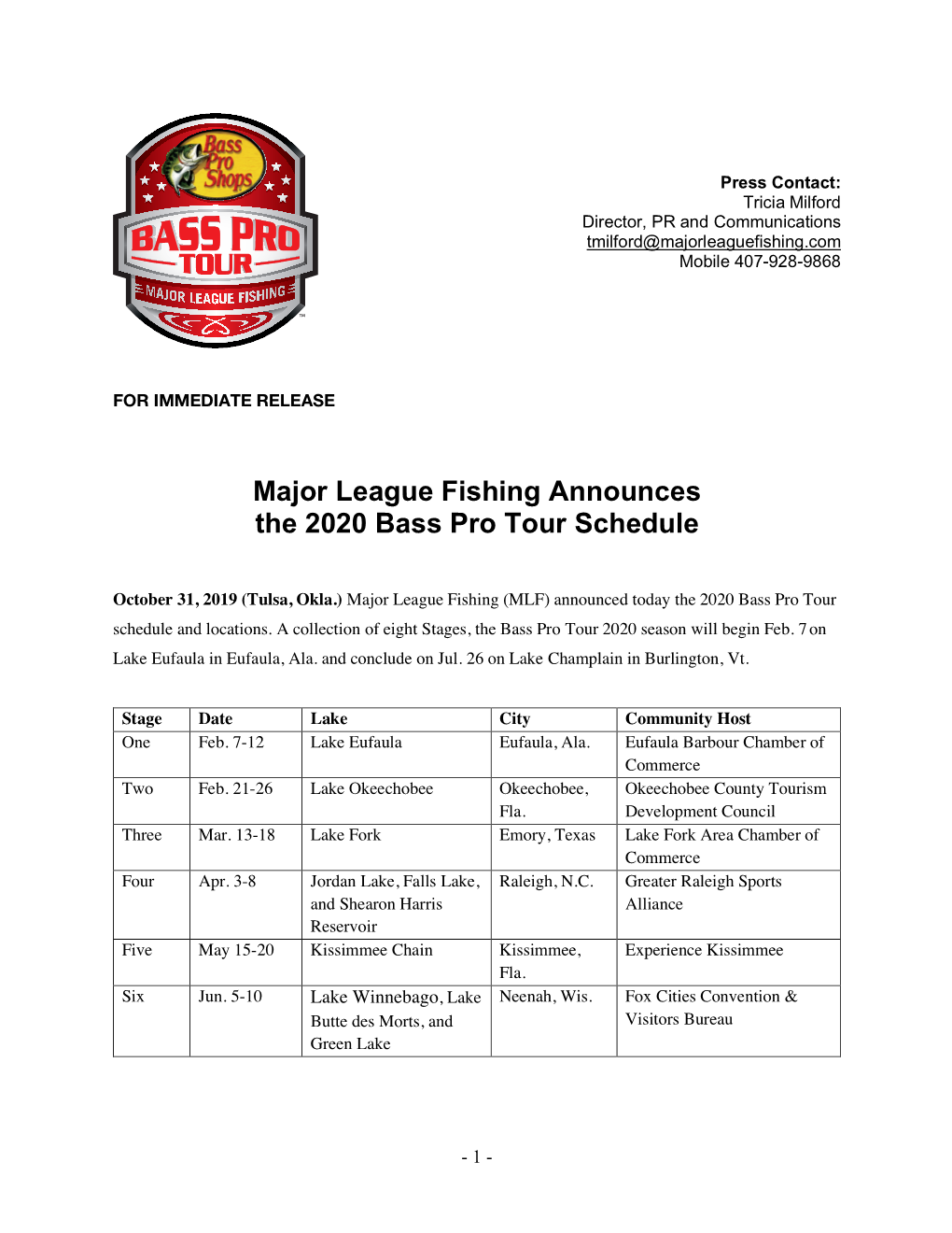Major League Fishing Announces the 2020 Bass Pro Tour Schedule