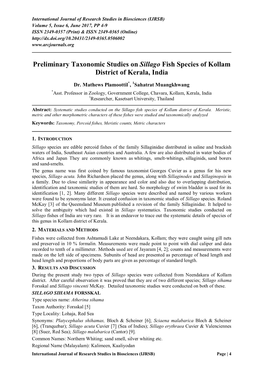 Preliminary Taxonomic Studies on Sillago Fish Species of Kollam District of Kerala, India