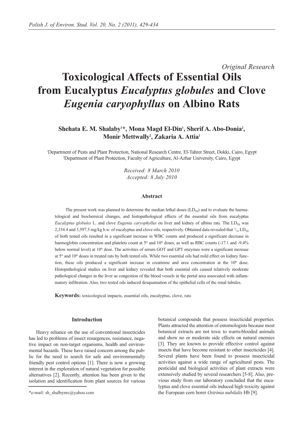 Toxicological Affects of Essential Oils from Eucalyptus Eucalyptus Globules and Clove Eugenia Caryophyllus on Albino Rats