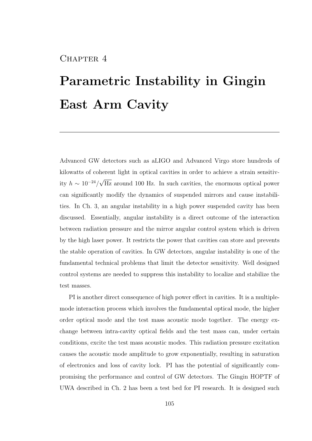 Parametric Instability in Gingin East Arm Cavity