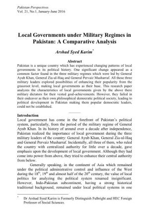 Local Governments Under Military Regimes in Pakistan: a Comparative Analysis