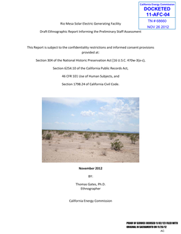 DOCKETED 11-AFC-04 TN # 68660 Rio Mesa Solar Electric Generating Facility NOV 26 2012 Draft Ethnographic Report Informing the Preliminary Staff Assessment