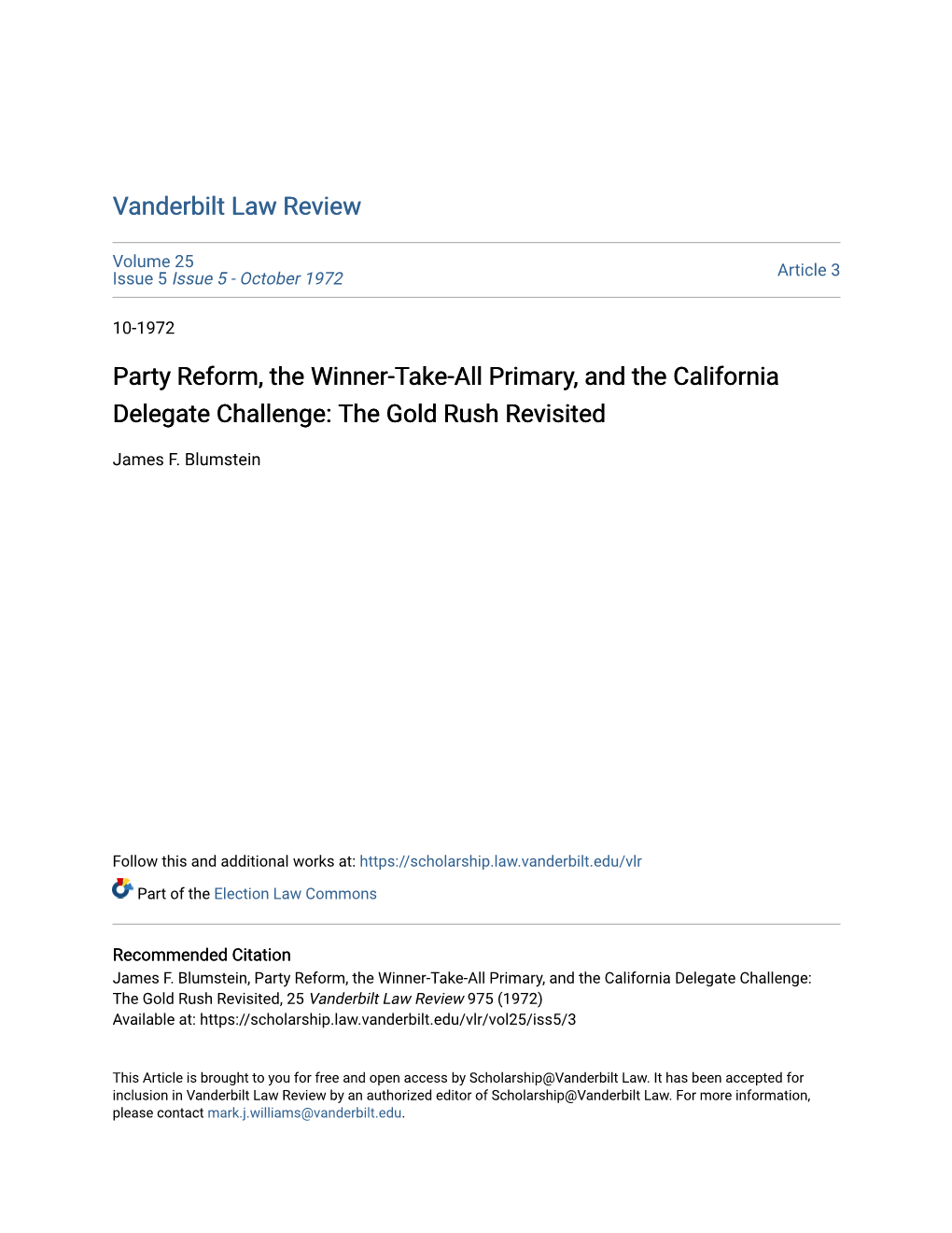 Party Reform, the Winner-Take-All Primary, and the California Delegate Challenge: the Gold Rush Revisited