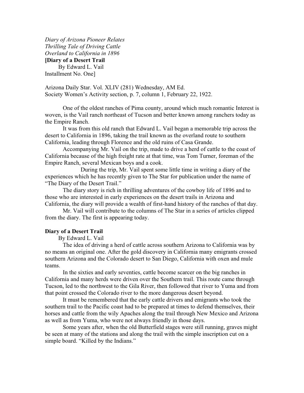 Diary of Arizona Pioneer Relates Thrilling Tale of Driving Cattle Overland to California in 1896 [Diary of a Desert Trail by Edward L