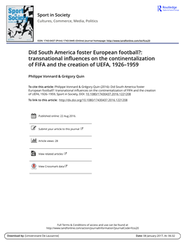Did South America Foster European Football?: Transnational Influences on the Continentalization of FIFA and the Creation of UEFA, 1926–1959