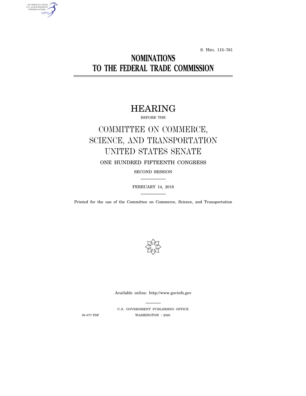 Nominations to the Federal Trade Commission Hearing