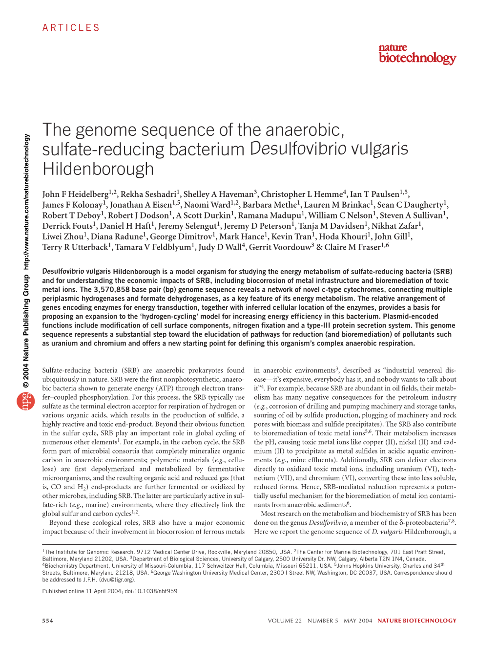 The Genome Sequence of the Anaerobic, Sulfate-Reducing Bacterium Desulfovibrio Vulgaris Hildenborough