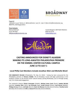 Casting Announced for Disney's Aladdin Making Its
