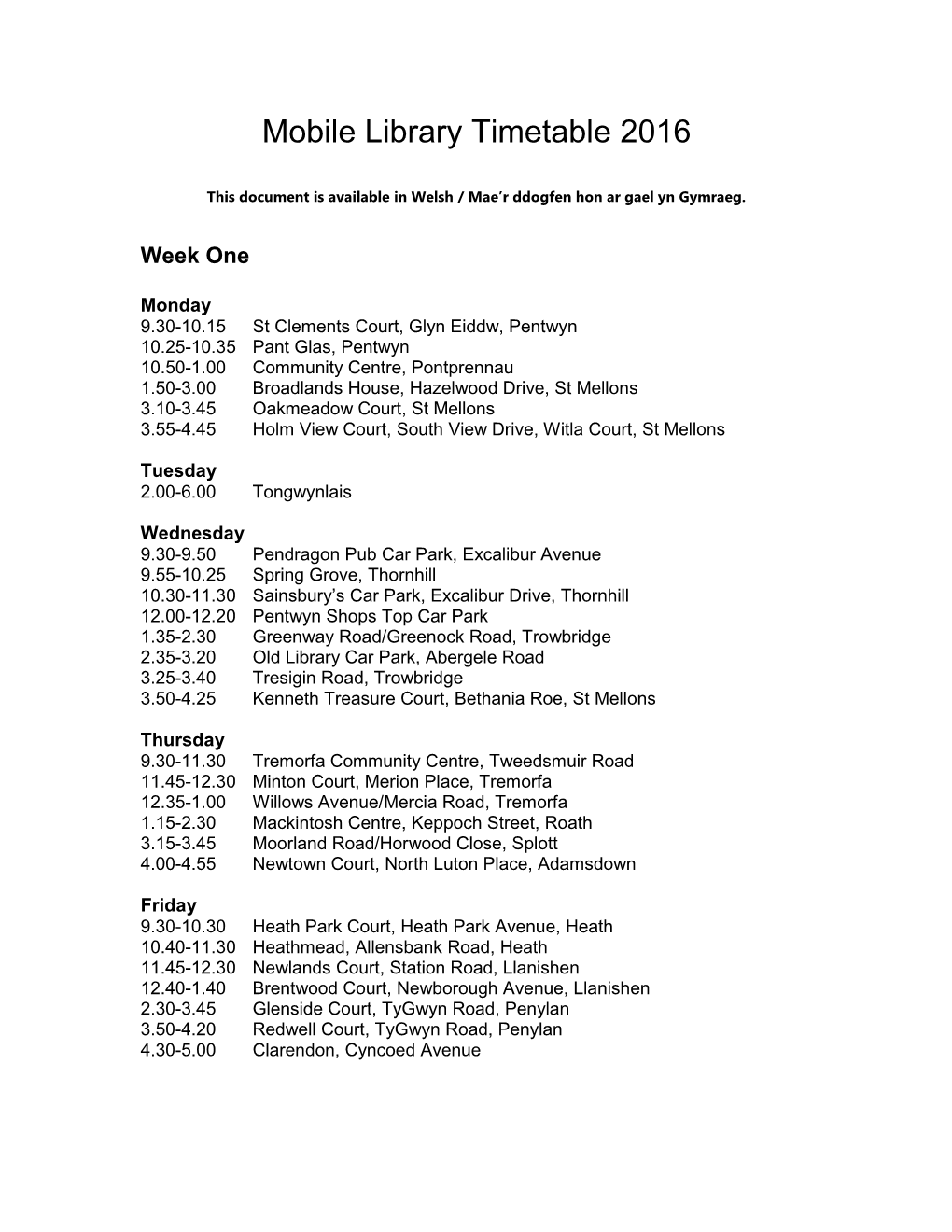 Mobile Library Timetable 2009