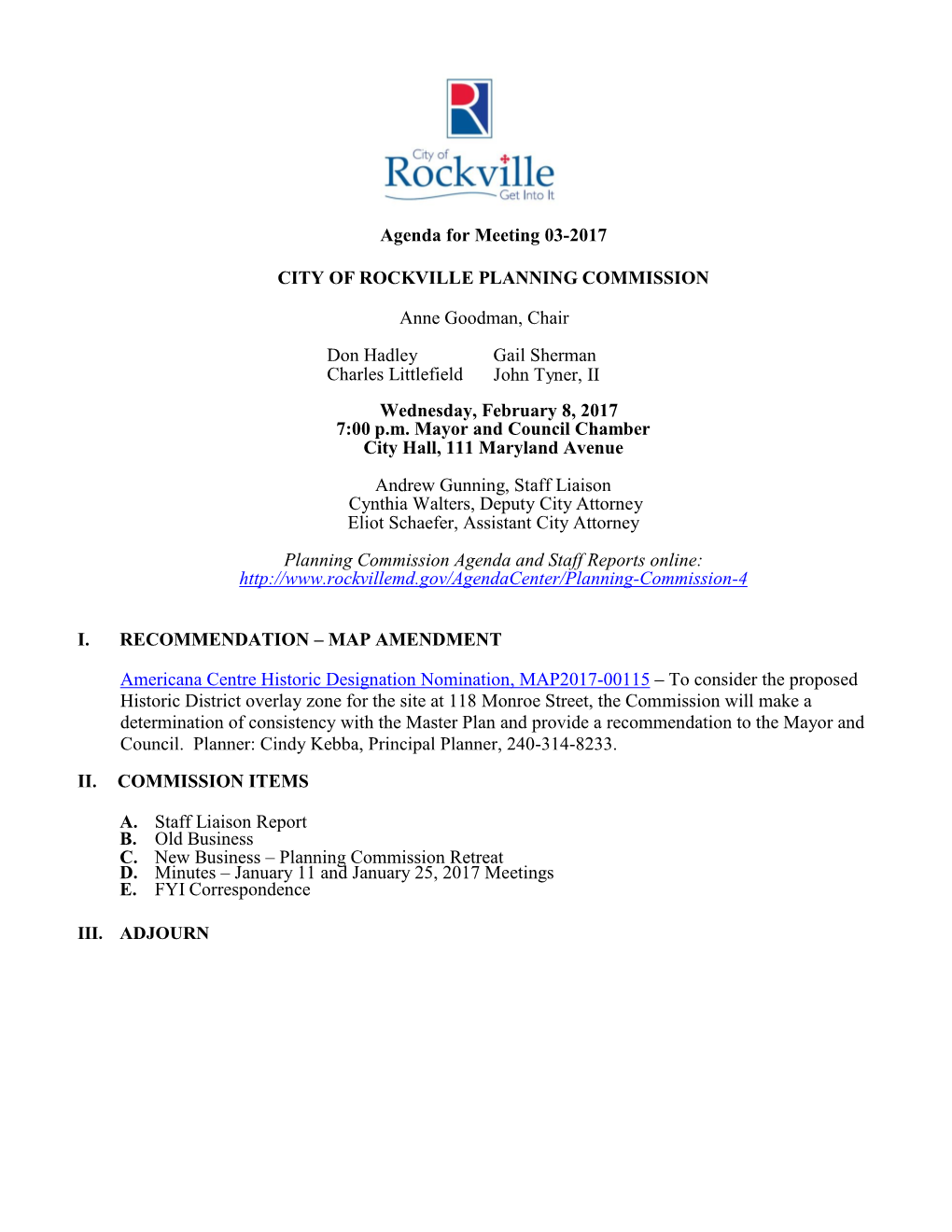 Agenda for Meeting 03-2017 CITY of ROCKVILLE PLANNING