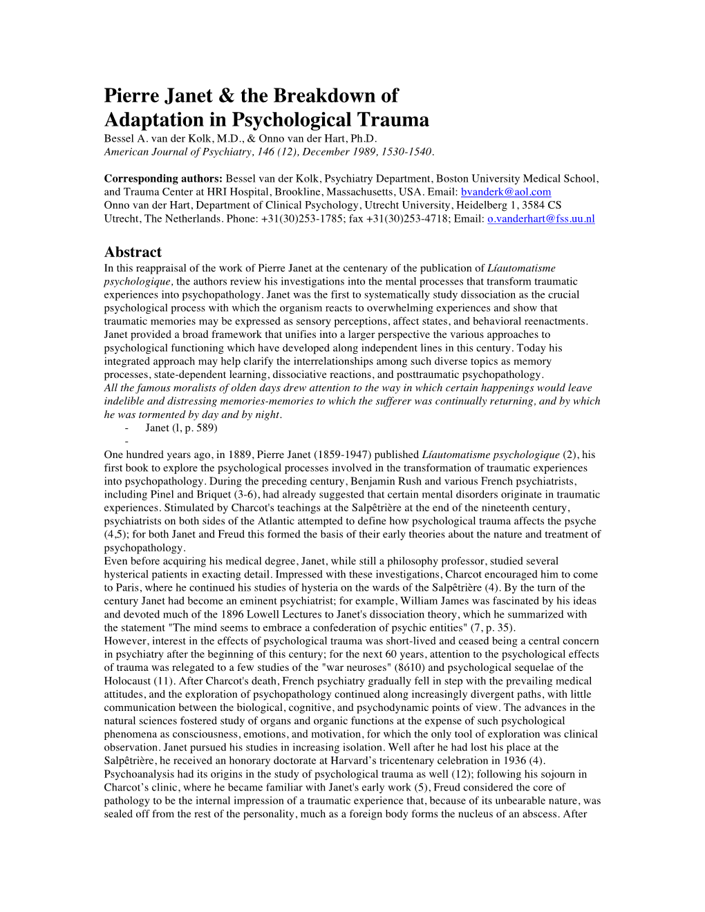 Pierre Janet & the Breakdown of Adaptation in Psychological Trauma