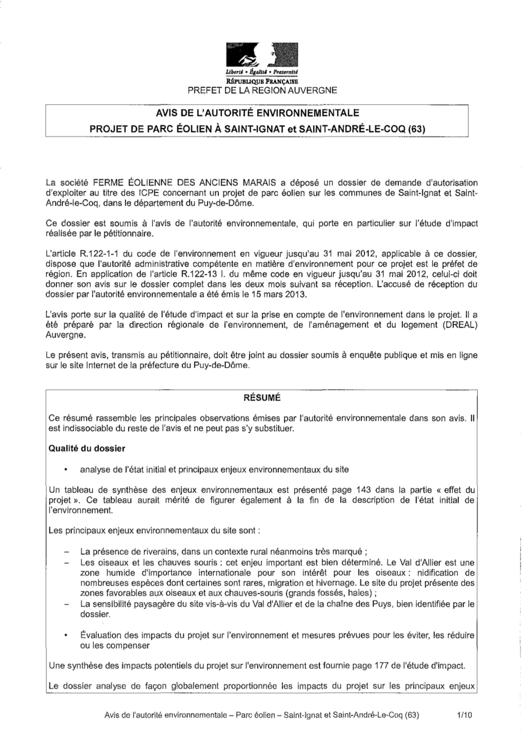 AVIS DE L'autorité ENVIRONNEMENTALE PROJET DE PARC ÉOLIEN À SAINT-IGNAT Et SAINT-ANDRÉ-LE-COQ (63)