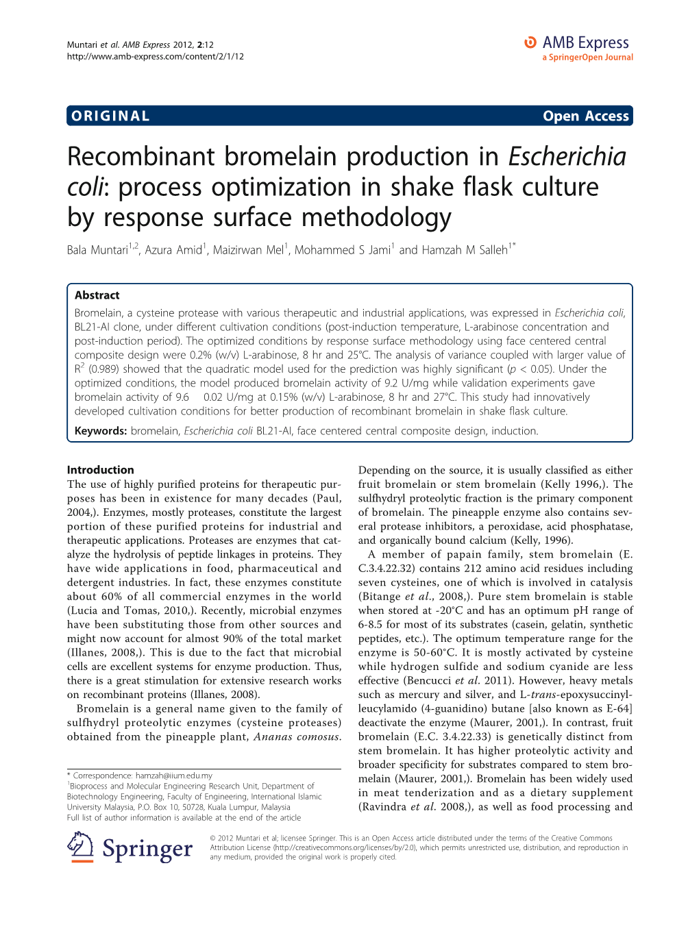 Recombinant Bromelain Production in Escherichia Coli