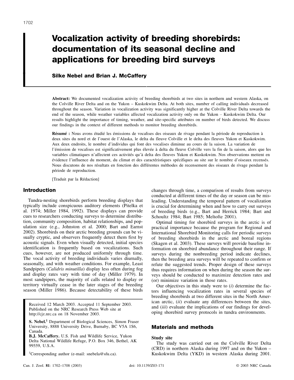 Vocalization Activity of Breeding Shorebirds: Documentation of Its Seasonal Decline and Applications for Breeding Bird Surveys