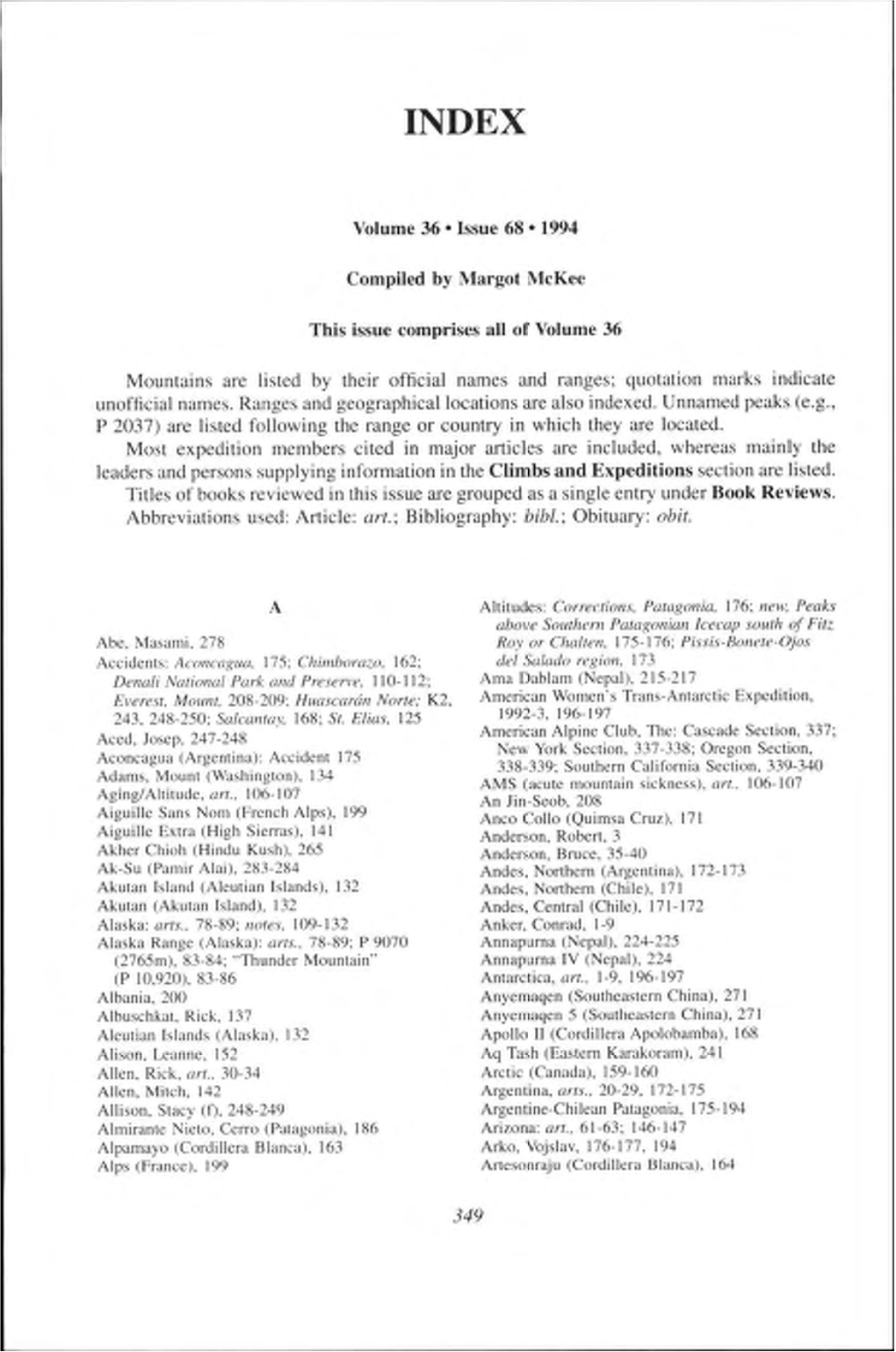 Volume 36 L Issue 68 L 1994 Compiled by Margot Mckee This Issue Comprises All of Volume 36 Mountains Are Listed by Their Officia