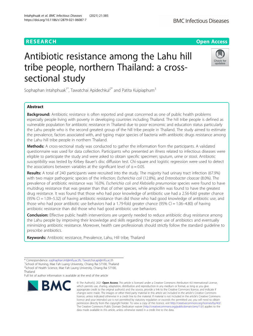 Antibiotic Resistance Among the Lahu Hill Tribe People, Northern Thailand