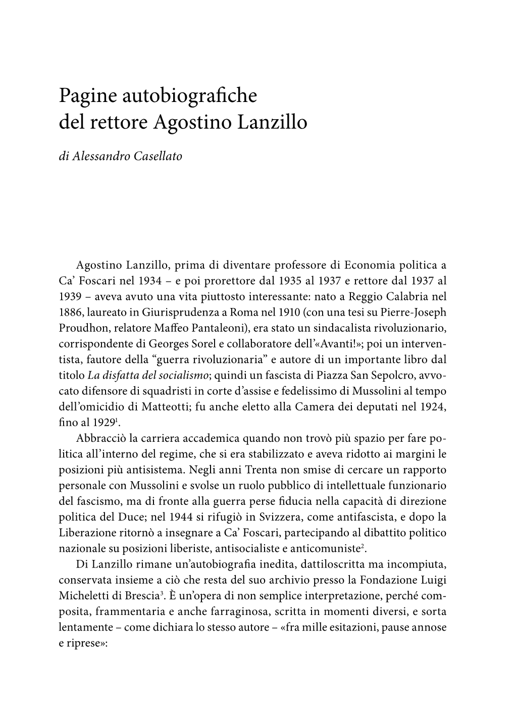 Pagine Autobiografiche Del Rettore Agostino Lanzillo Di Alessandro Casellato