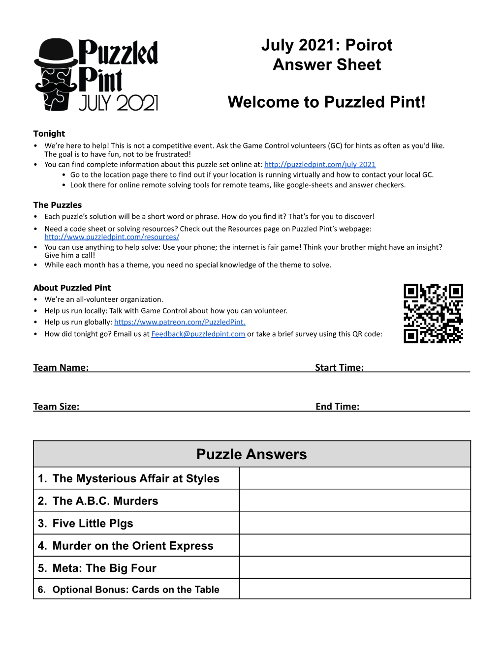 July 2021: Poirot Answer Sheet Welcome to Puzzled Pint!