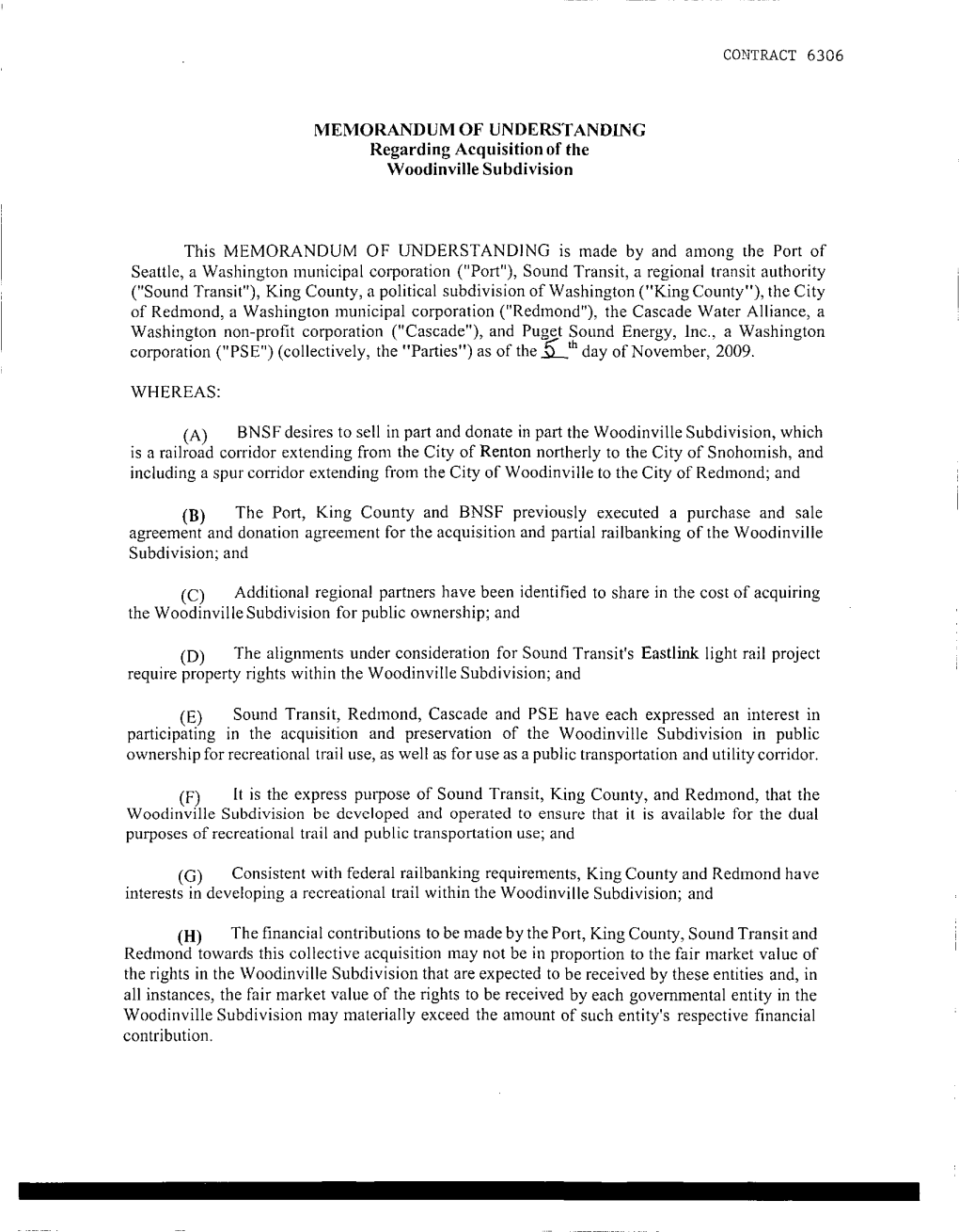 MEMORANDUM of UNDERSTANDING Regarding Acquisition of the Woodinville Subdivision CONTRACT 6306