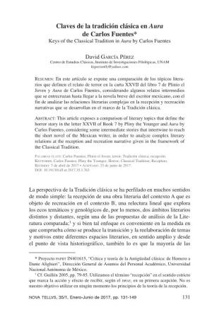 Claves De La Tradición Clásica En Aura De Carlos Fuentes* Keys of the Classical Tradition in Aura by Carlos Fuentes