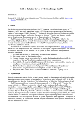 1 Guide to the Sydney Corpus of Television Dialogue (Sydtv) 1. Preface the Sydney Corpus of Television Dialogue (Sydtv) Is A