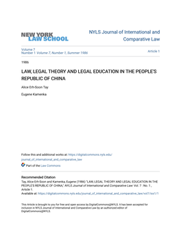 Law, Legal Theory and Legal Education in the People's Republic of China