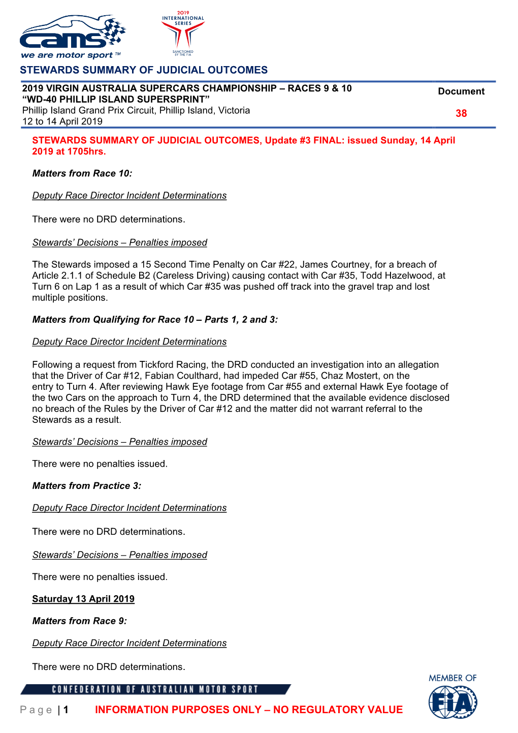 Stewards Summary of Judicial Outcomes