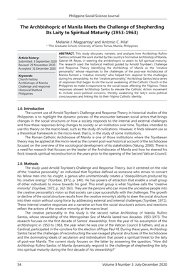 The Archbishopric of Manila Meets the Challenge of Shepherding Its Laity to Spiritual Maturity (1953-1963)
