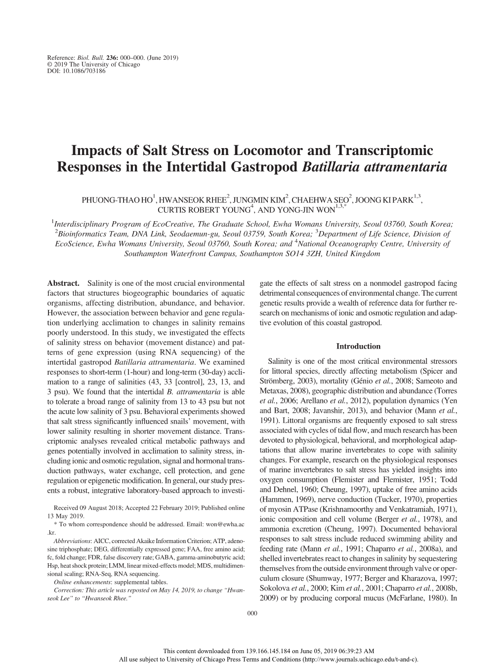 Impacts of Salt Stress on Locomotor and Transcriptomic Responses in the Intertidal Gastropod Batillaria Attramentaria