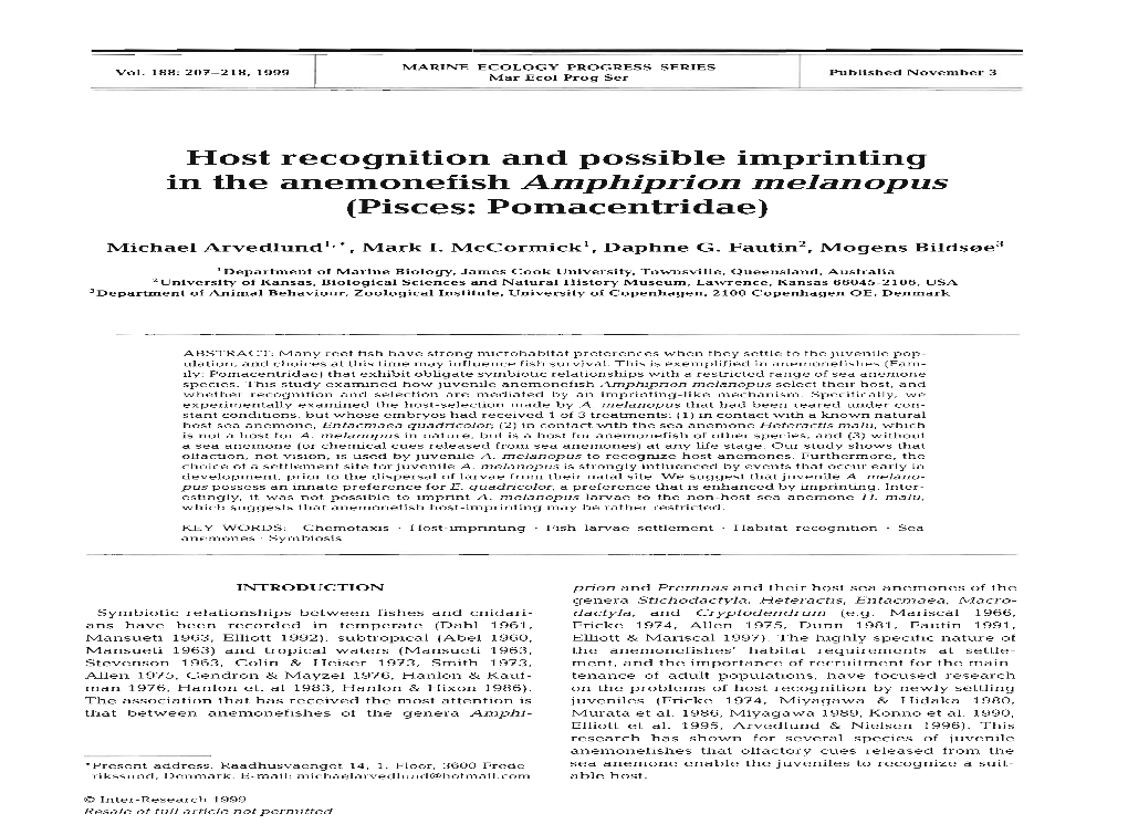 Host Recognition and Possible Imprinting in the Anemonefish Amphiprion Melanopus (Pisces: Pomacentridae)