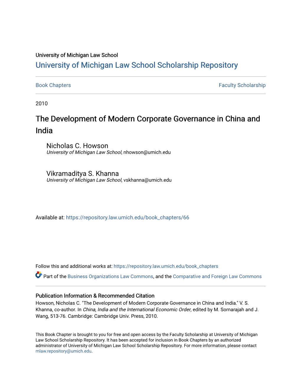 The Development of Modern Corporate Governance in China and India