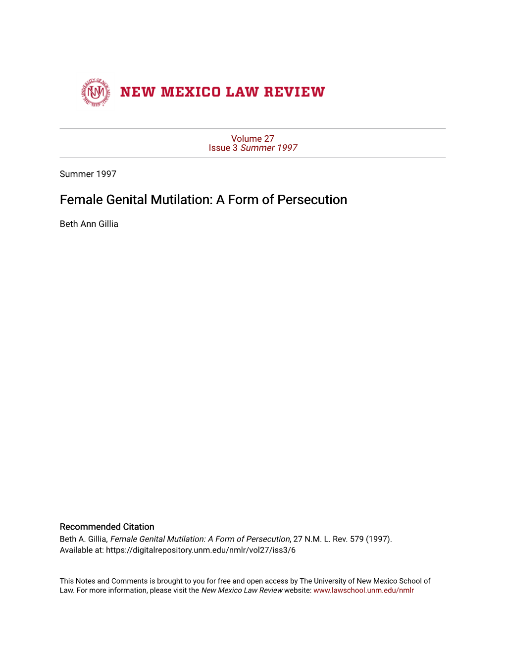 Female Genital Mutilation: a Form of Persecution
