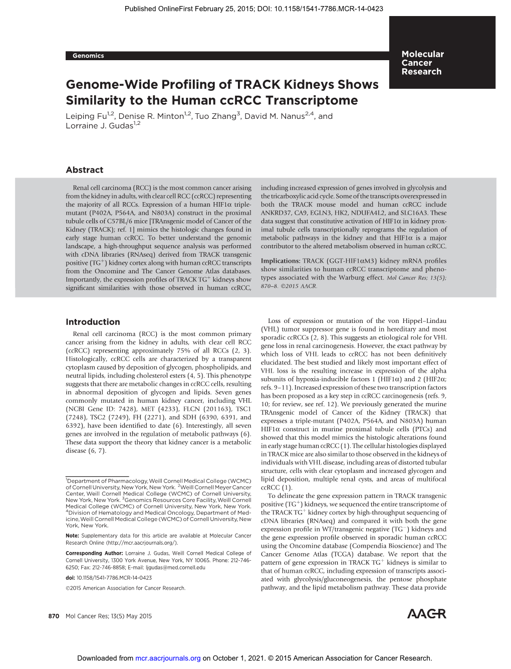 Genome-Wide Profiling of TRACK Kidneys Shows Similarity to the Human Ccrcc Transcriptome