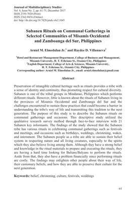 Subanen Rituals on Communal Gatherings in Selected Communities of Misamis Occidental and Zamboanga Del Sur, Philippines