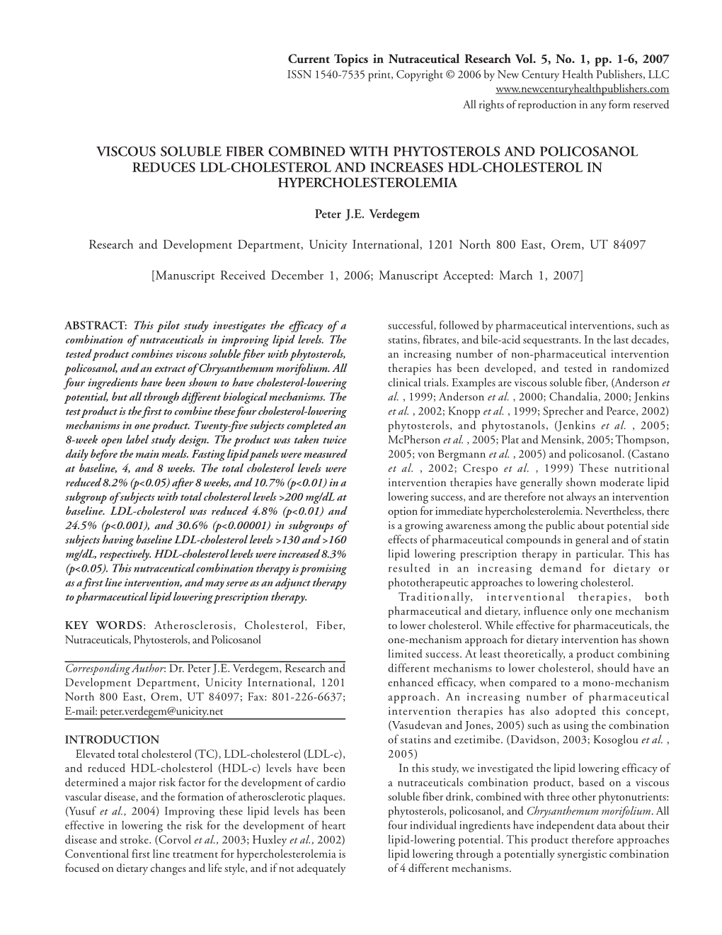 Viscous Soluble Fiber Combined with Phytosterols and Policosanol ...