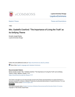 Mrs. Gaskell's Cranford: "The Importance of Living the Truth" As Its Unifying Theme