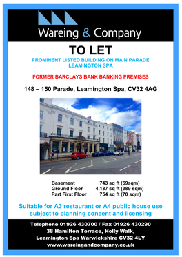 To Let Prominent Listed Building on Main Parade Leamington Spa