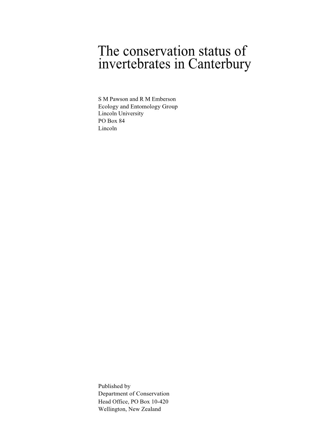 The Conservation Status of Invertebrates in Canterbury