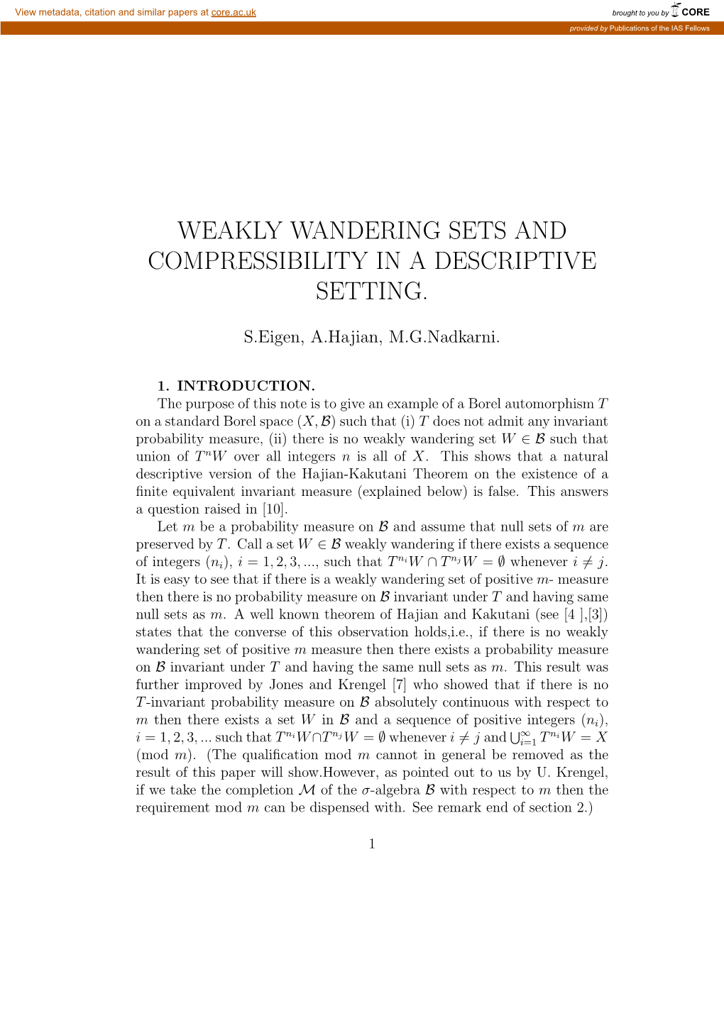 Weakly Wandering Sets and Compressibility in a Descriptive Setting