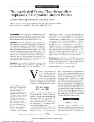 Pharmacological Venous Thromboembolism Prophylaxis in Hospitalized Medical Patients a Meta-Analysis of Randomized Controlled Trials