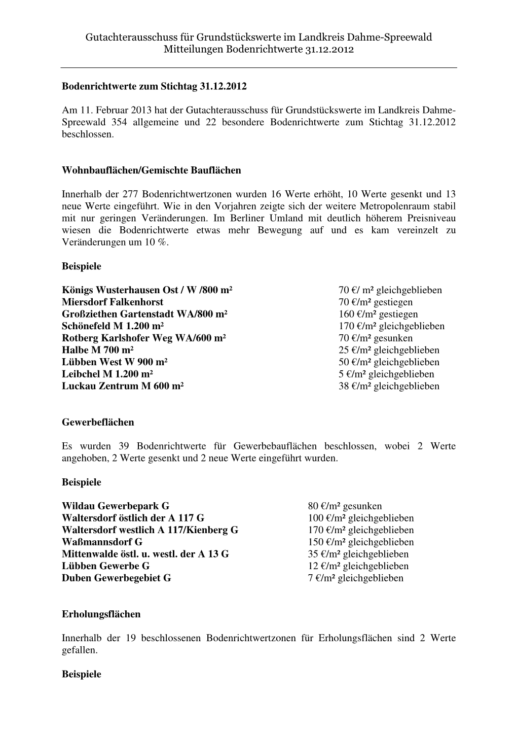 Gutachterausschuss Für Grundstückswerte Im Landkreis Dahme-Spreewald Mitteilungen Bodenrichtwerte 31.12.2012 Bodenrichtwerte Z