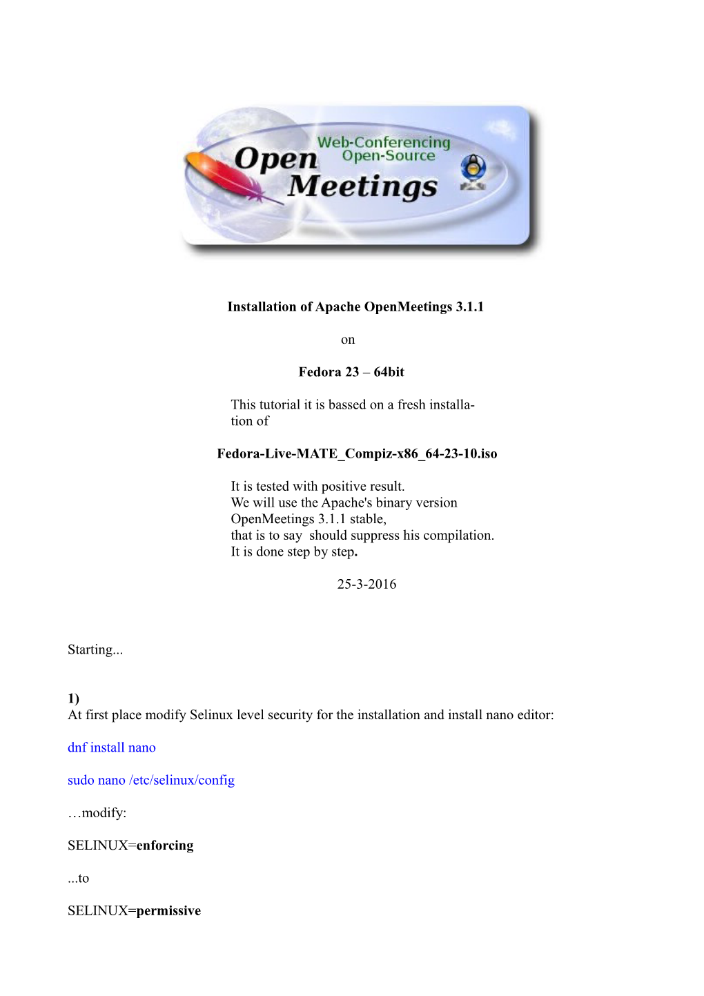 Installation of Apache Openmeetings 3.1.1 on Fedora 23 – 64Bit