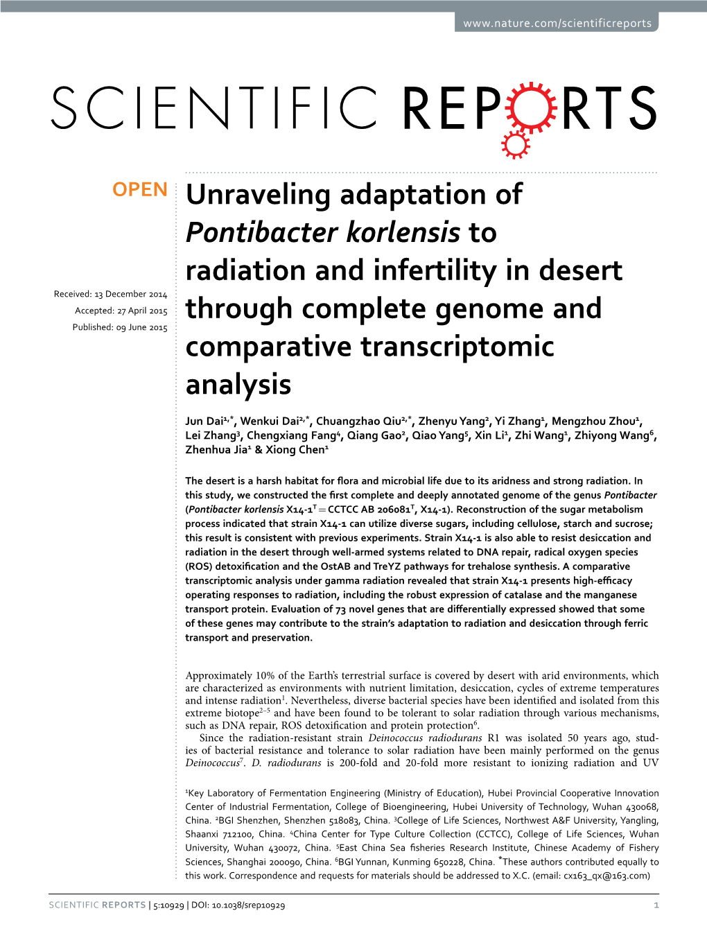 Unraveling Adaptation of Pontibacter Korlensis to Radiation and Infertility