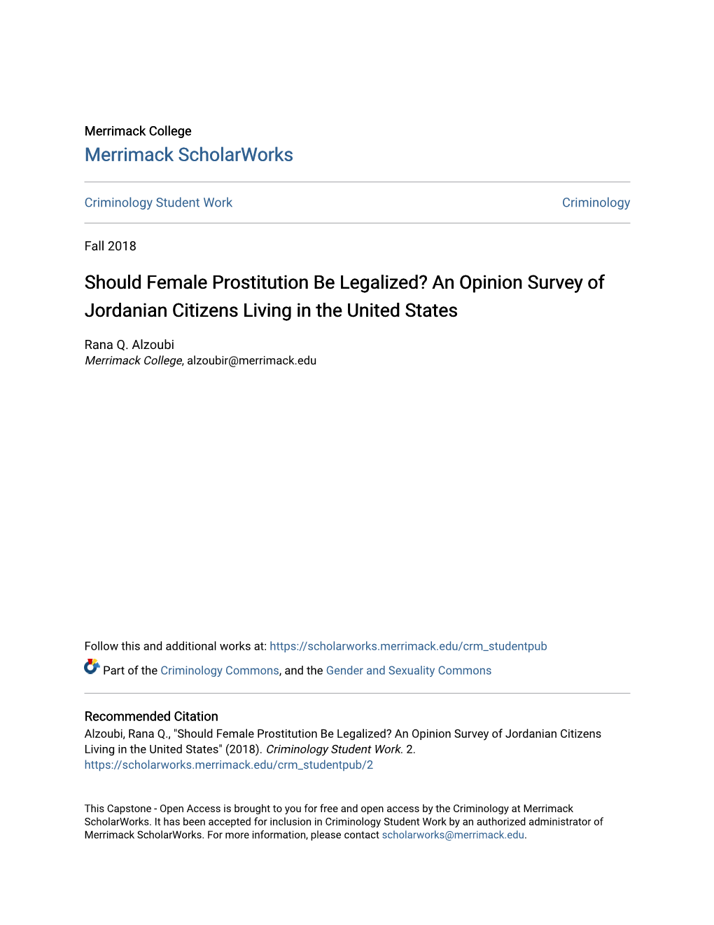 Should Female Prostitution Be Legalized? an Opinion Survey of Jordanian Citizens Living in the United States