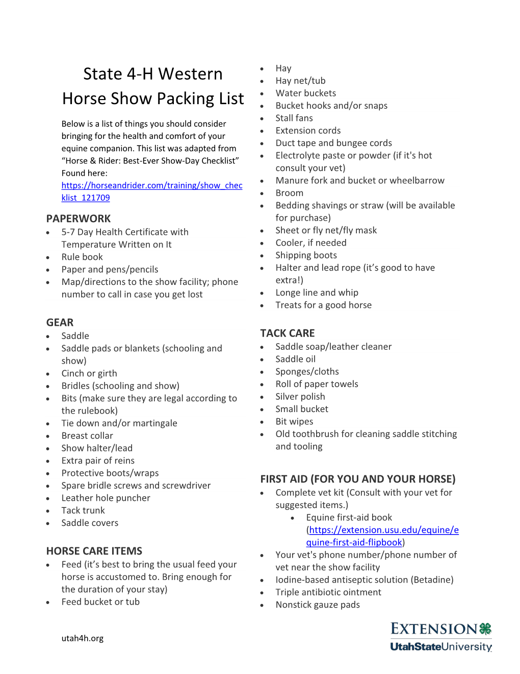 State 4-H Western Horse Show Packing List