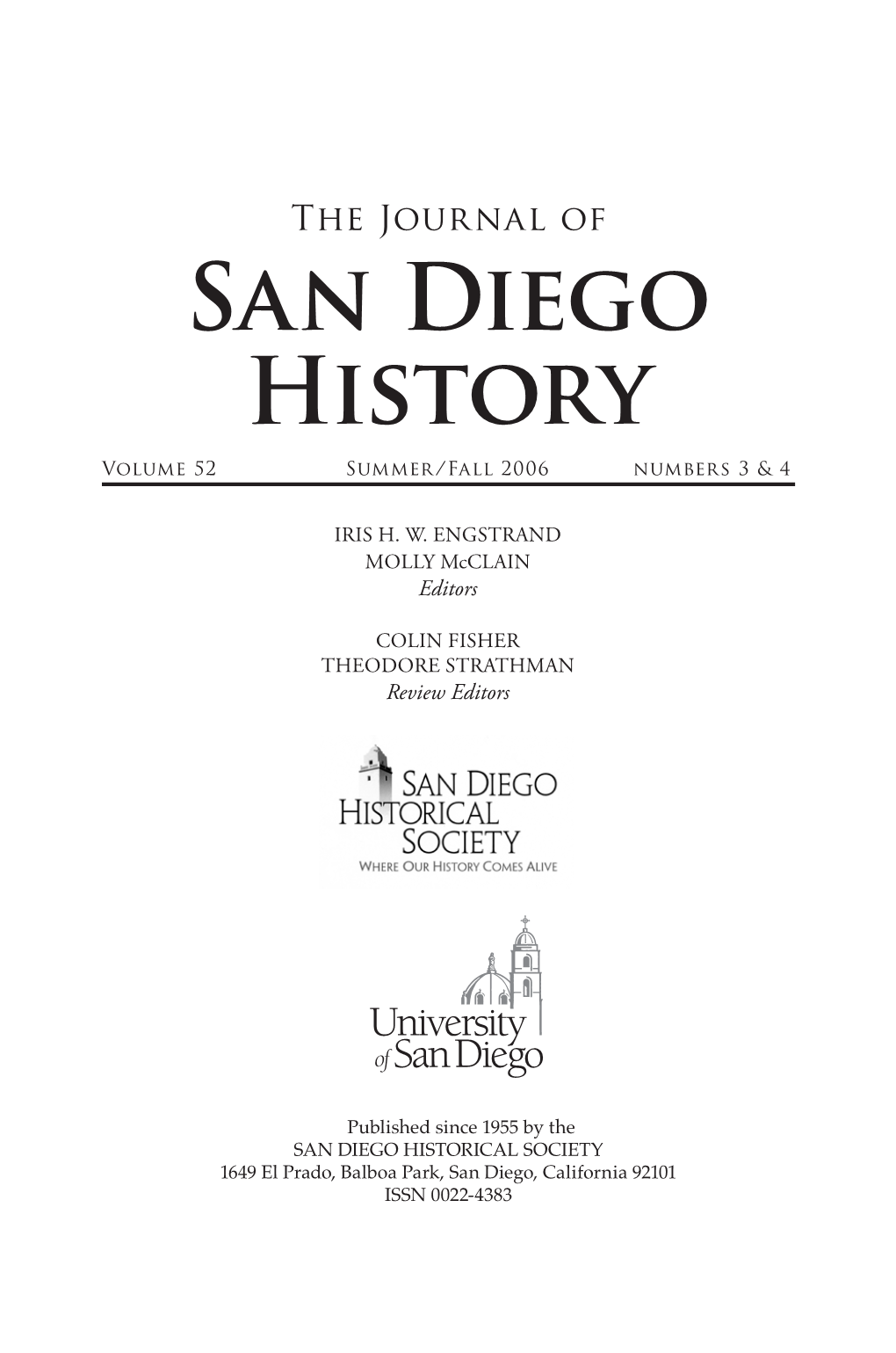 The Journal of San Diego History, Vol 52 Nos 3 & 4