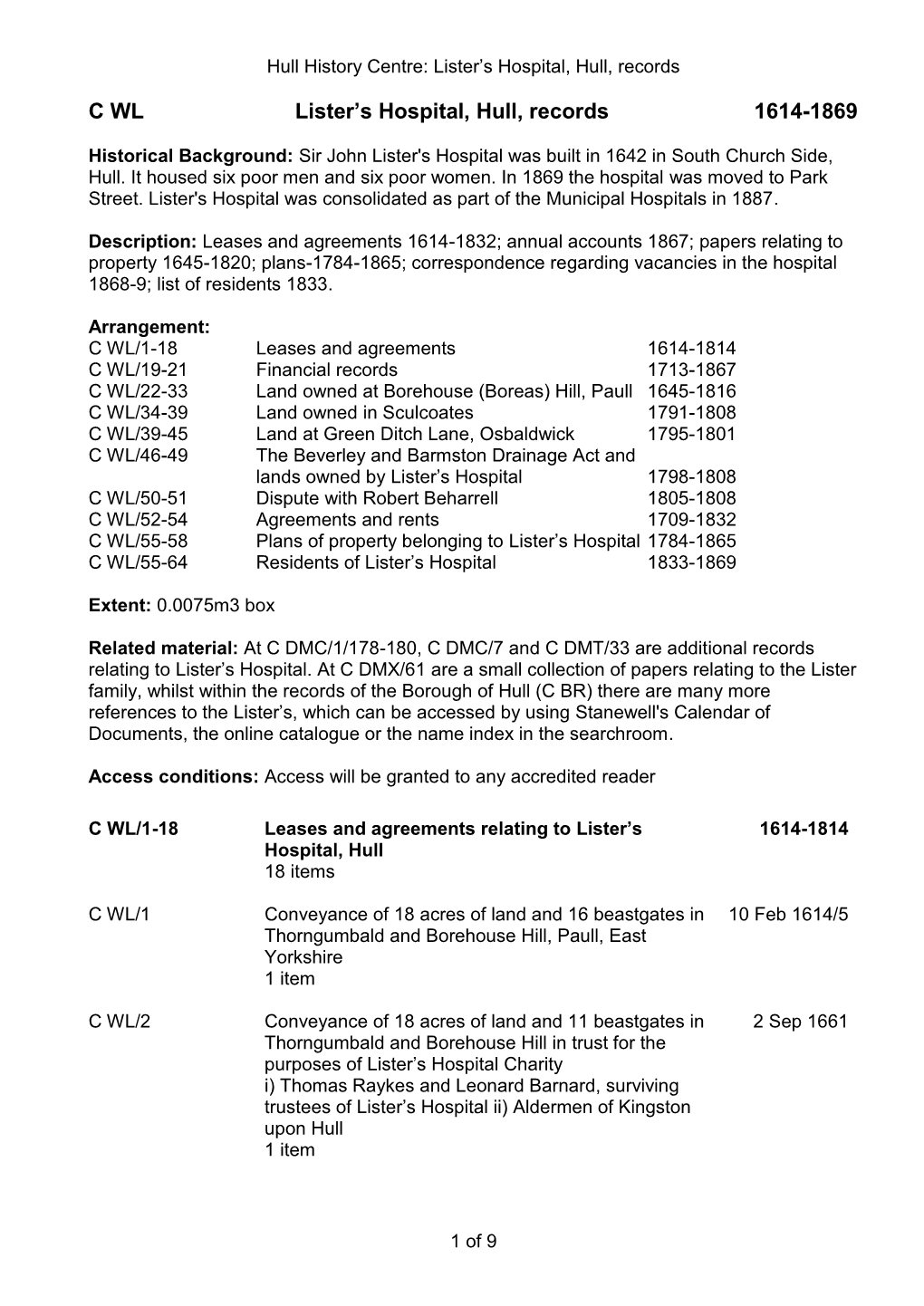 C WL Lister's Hospital, Hull, Records 1614-1869
