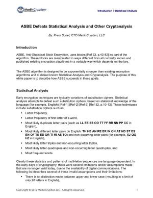 ASBE Defeats Statistical Analysis and Other Cryptanalysis